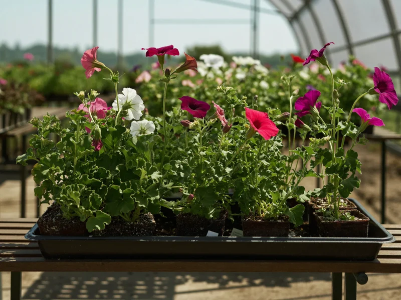 Summer bedding trays of petunias and geraniums in black nursery pots