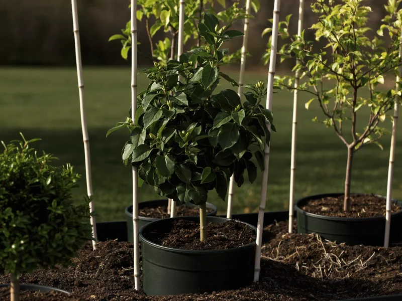 Young apple trees and fruit bushes staked in a nursery yard