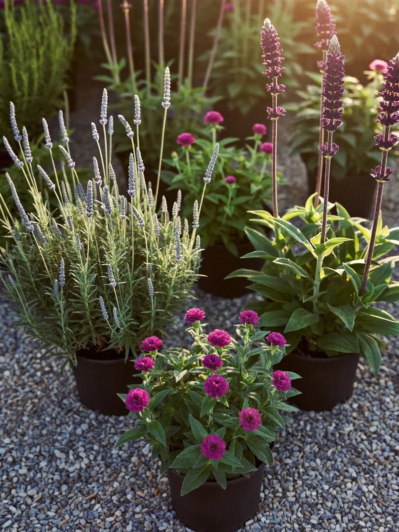 Lavender, echinacea and salvia in pots on a gravel standing-out bed