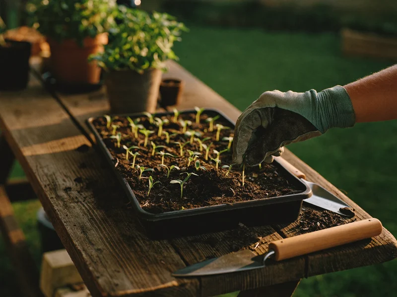 Hands pricking out seedlings into a compost-filled tray on a potting bench