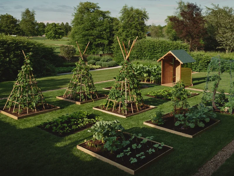 Allotment plot with raised beds, bean wigwams and a small wooden shed